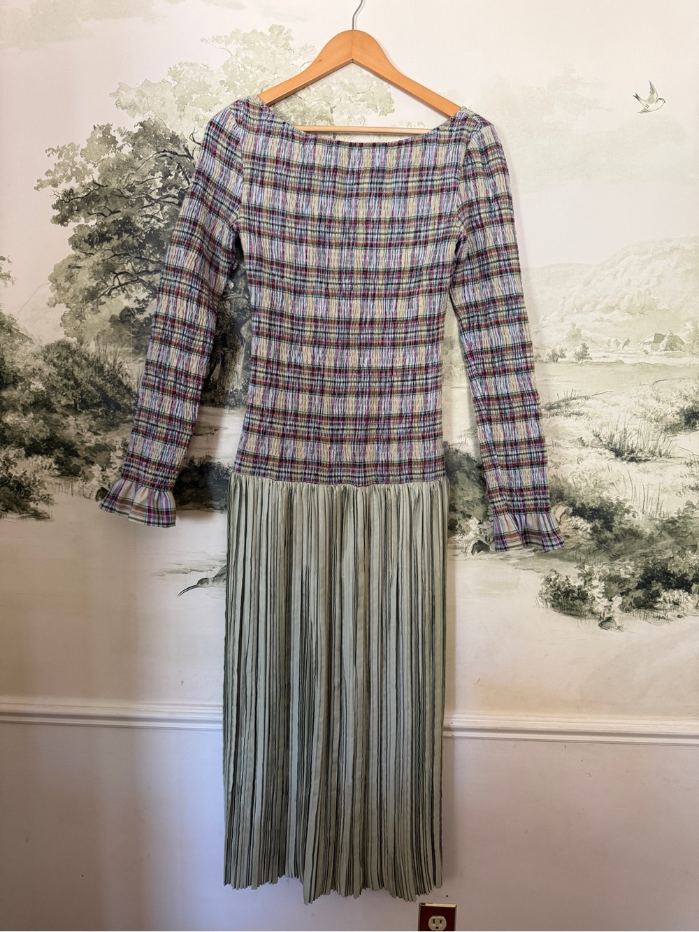 Backless Plaid Knit Top with Sage Pleated Skirt Dress